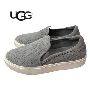 UGG Women's Abies Perforated Platform Grey Suede Leather Slip-on Sneakers 8